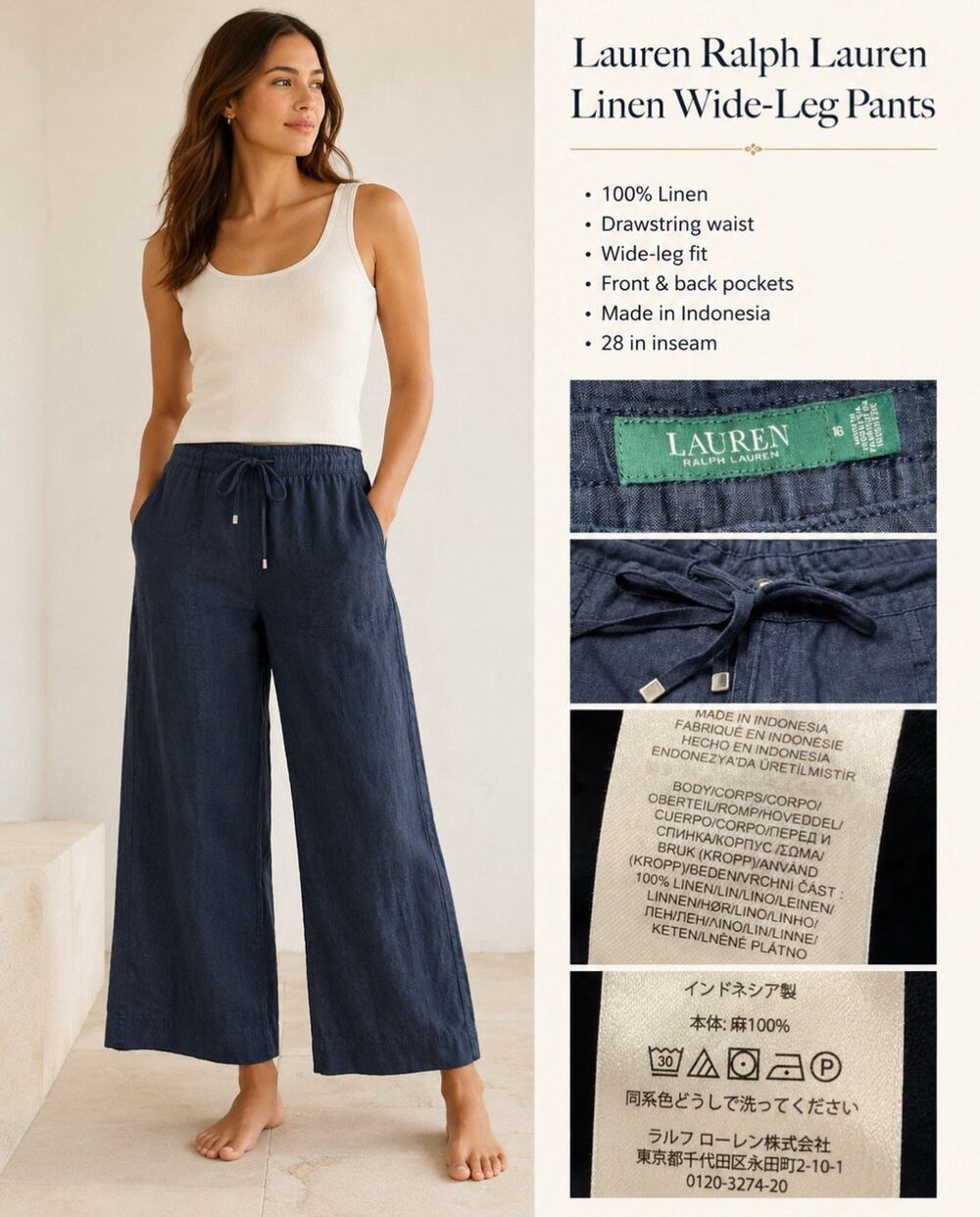 Coastal Beachy Resort Lauren Ralph Lauren Wide Leg Linen Pants Size 16 Navy Blue